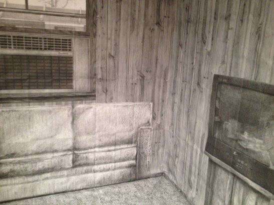 Gary Kachadourian, Life-Size Poster of One Quarter of a Room, 2013, large format xeroxes and transparent tape, 8'x8'x6'. Installation view. Image courtesy of Erin Dziedzic