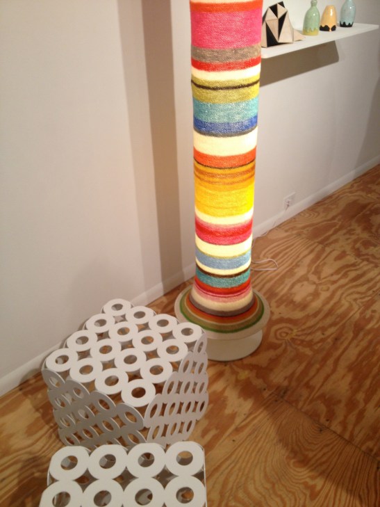 Egawa-Zbryk, Sweater Lamp, 2003, yarn, steel, plastic, flourescent light. Egawa-Zbyrk, Cube, 2003, powder coated steel, 15"x15"x15". Installation view. Image courtesy of Erin Dziedzic