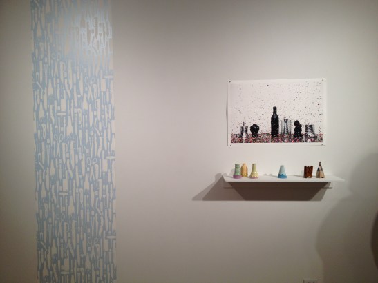 Right: Brian Giniewski. Left: Dan Funderburgh, City Park, 2007, wallpaper. Installation view. Image courtesy of Erin Dziedzic
