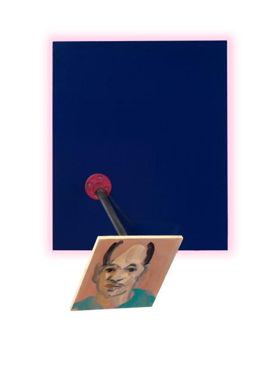 Steve Locke, “in place of the sun,” 2009-2013, oil and collage on panel attached to beveled wood panel painted with enamel and acrylic on verso. With stripped pole, connectors and flanges, 32 x 16 x 14 in. Image by Stewart Clements. Courtesy of the artist and SAMSON, Boston