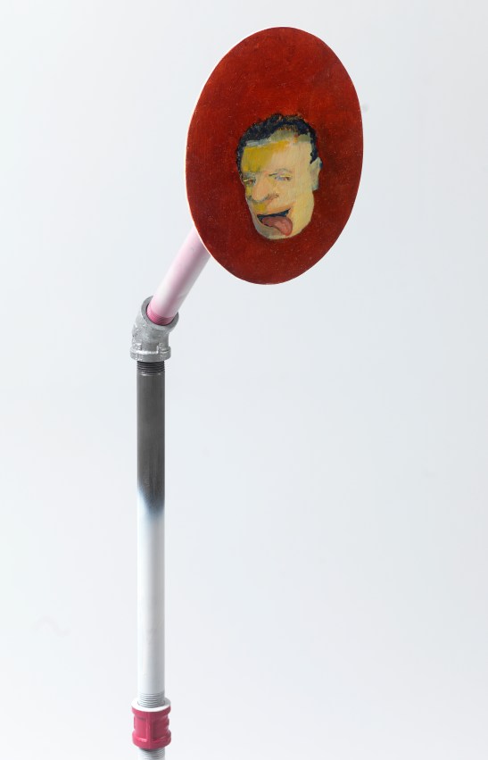 Steve Locke, “in the watching,” (detail) 2013, egg tempera and oil on wood, attached to wood base with collage, milk paint, and enamel, beveled and painted on bottom with painted wood legs. With stripped and painted poles, connectors, and flanges. Image by Stewart Clements. Courtesy of the artist and SAMSON, Boston