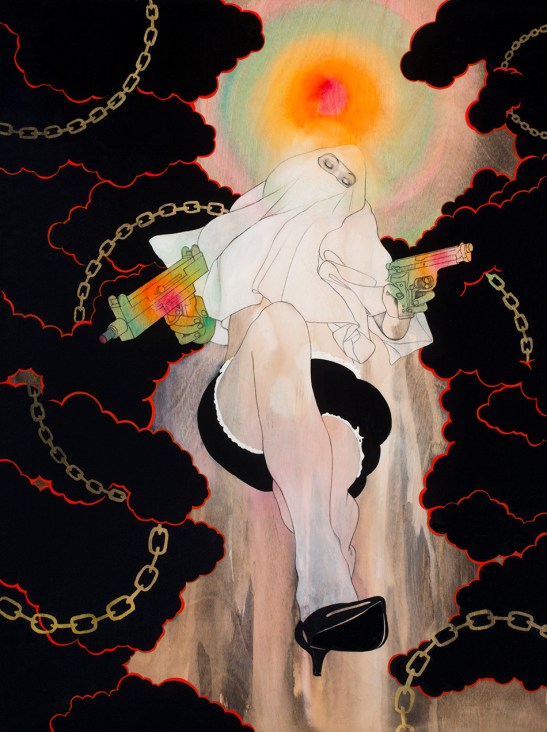 Ann-Marie Manker, Praying Mantis, 2013, acrylic, graphite, ink, varnish on wood panel,18 x 24 x 2 inches. Image by Rafterman Photography