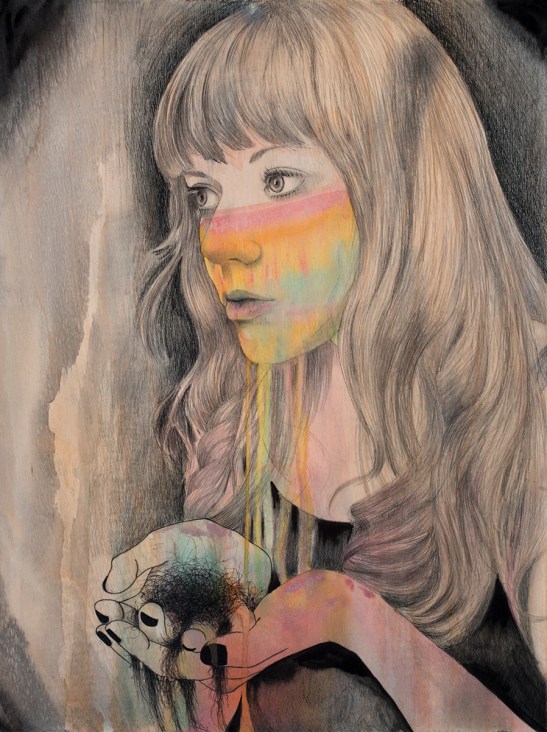 Ann-Marie Manker, Trophy 2, 2013, acrylic, graphite, ink, varnish on wood panel, 12 x 16 x 2 inches. Image by Rafterman Photography