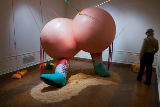 Nancy Davidson, Let ‘er Buck, 2013, vinyl coated nylon, paint, rope, metal, sand, sawdust, blower, 132 x 120 x 120 inches.