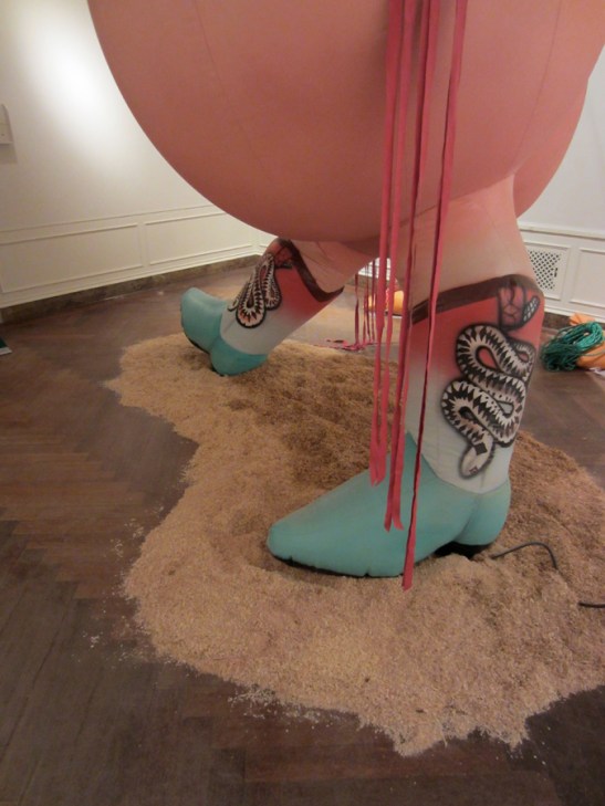 Nancy Davidson, Let ‘er Buck, 2013, detail, vinyl coated nylon, paint, rope, metal, sand, sawdust, blower, 132 x 120 x 120 inches.