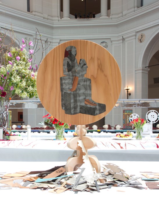 Alison Elizabeth Taylor, Queen Ankhnes-meryre II and Her Son Pepy II, 2013, Wood veneer, shellac, oil paint. Courtesy of The Artist / Courtesy James Cohan Gallery, New York/Shanghai