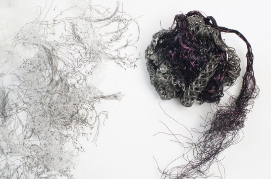 Nene Humphrey, Heart Weeps: Detail, 2013, spherical Victorian mourning braids made with wire, crystal teardrops, thread, neuroscience based drawing, 18 x 18 x4 inches container.  