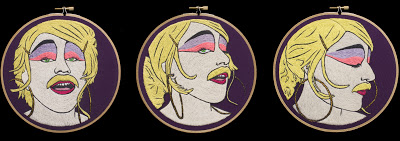 Aubrey Longley-Cook, Lavonia Elberton: Frames 1-3 (Front View), 2013, 7” Diameter Set, Thread on Fabric. Image courtesy the artist and Barbara Archer Gallery.