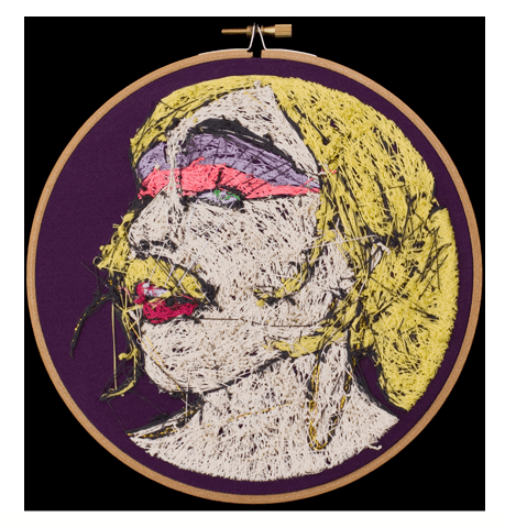 Aubrey Longley-Cook, Lavonia Elberton: Frame 3 (Back View), 2013, 7” Diameter Set, Thread on Fabric. Image courtesy the artist and Barbara Archer Gallery.